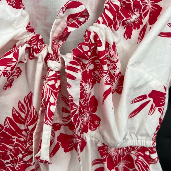 Sim & Sam puff sleeve lined Hawaiian floral mini dress tropical white red Lilo S - Picture 7 of 10